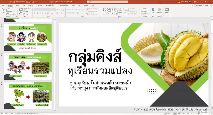 ตัวอย่างผลงาน PowerPoint โปรไฟล์บริษัท กลุ่มคิงส์ทุเรียนรวมแปลง — รับทำ PowerPoint มืออาชีพ ThesisSlide.com